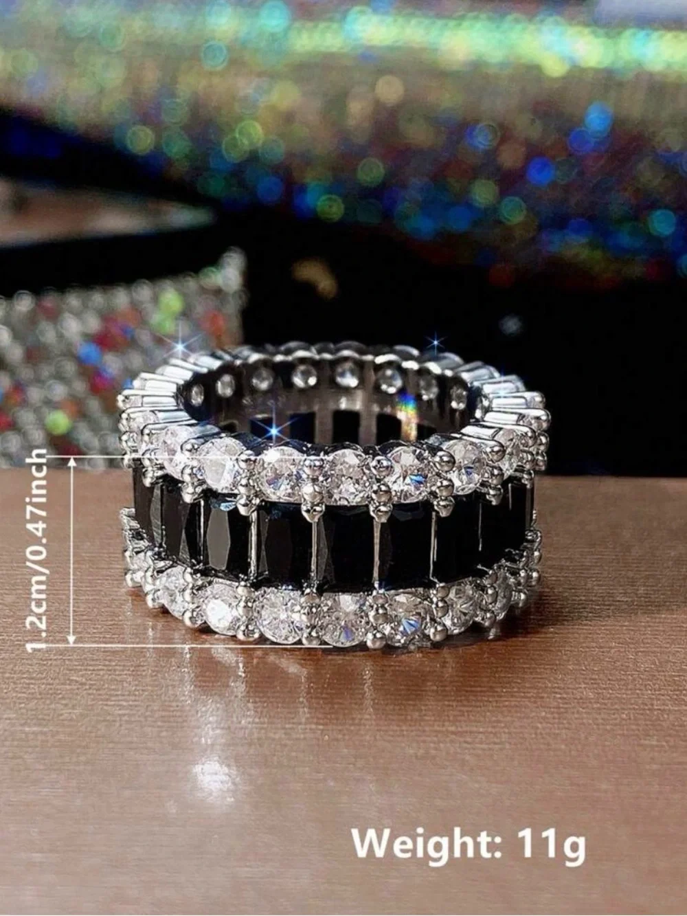 Black and Silver Eternity Band Ring with Clear Stones